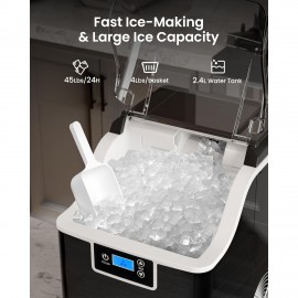 Nugget Ice Makers Countertop, 45lbs/Day Pebble Ice Maker Machine With 24-Hour Timer, Self-Cleaning Sonic Ice Maker With Ice Scoop And Ice Basket For Home & Kitchen (Stainless Steels Black)