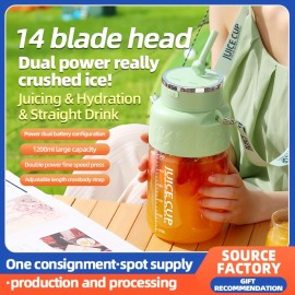 1200 milliliters capacity, universal for all seasons, large-capacity wireless portable juicer bucket, electric sports cup-style fresh fruit juicer, 10 sets of stainless steel blades, powerful motor, highly suitable for outdoor fresh juice extraction.