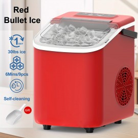 Ice Maker with A Handle On The Countertop. It Can Make 9 Bullet-shaped Ice Cubes In 6 Minutes, with A 24-hour Ice-making Capacity Of 26 Pounds. It Is Equipped with An Automatic Cleaning Function And Comes with An Ice Basket And An Ice Scoop.