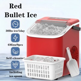 Ice Maker Machine For Countertop 30 Pound Bullet Ice Machine, Portable Bullet Ice Machine Can Produce 9pcs Of Bullet Ice In 6 Minutes, With Automatic Cleaning Function For Baskets And Spoons, And Can Be Operated With One Click For Campings